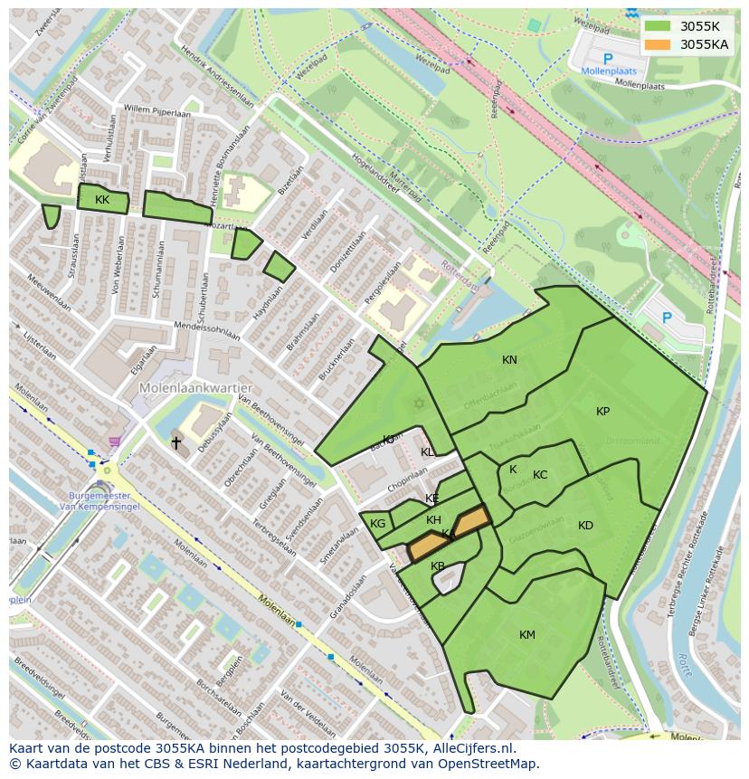 Afbeelding van het postcodegebied 3055 KA op de kaart.