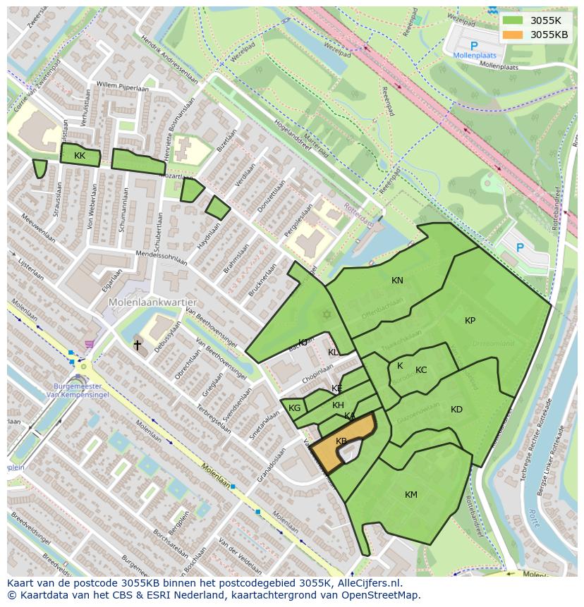 Afbeelding van het postcodegebied 3055 KB op de kaart.