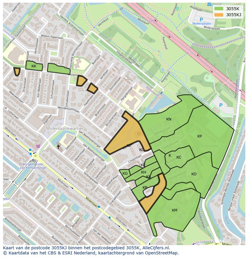 Afbeelding van het postcodegebied 3055 KJ op de kaart.
