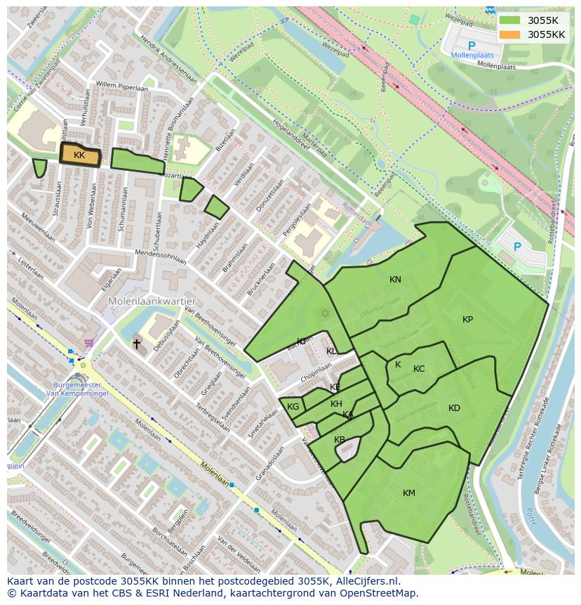 Afbeelding van het postcodegebied 3055 KK op de kaart.