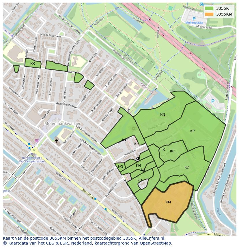 Afbeelding van het postcodegebied 3055 KM op de kaart.