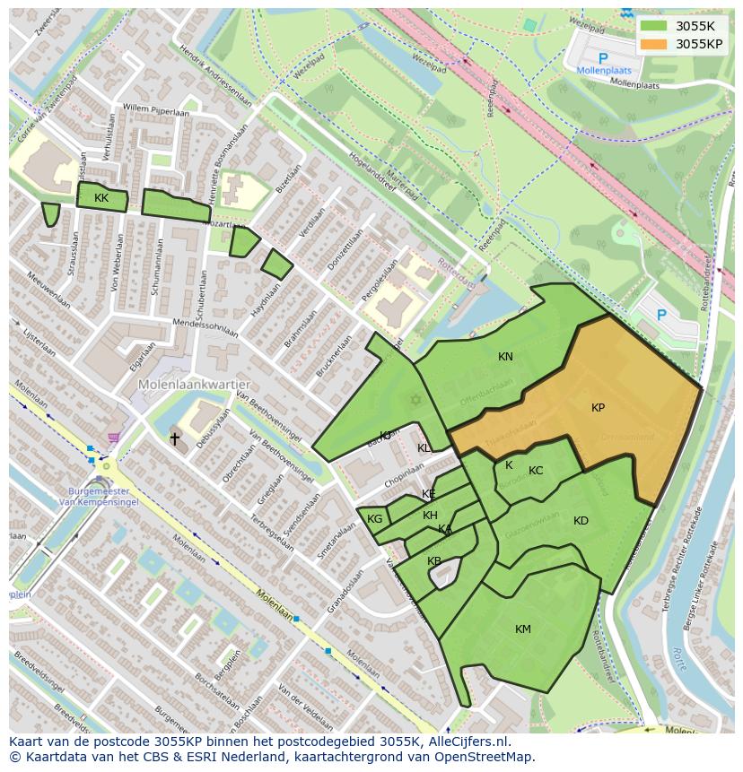 Afbeelding van het postcodegebied 3055 KP op de kaart.