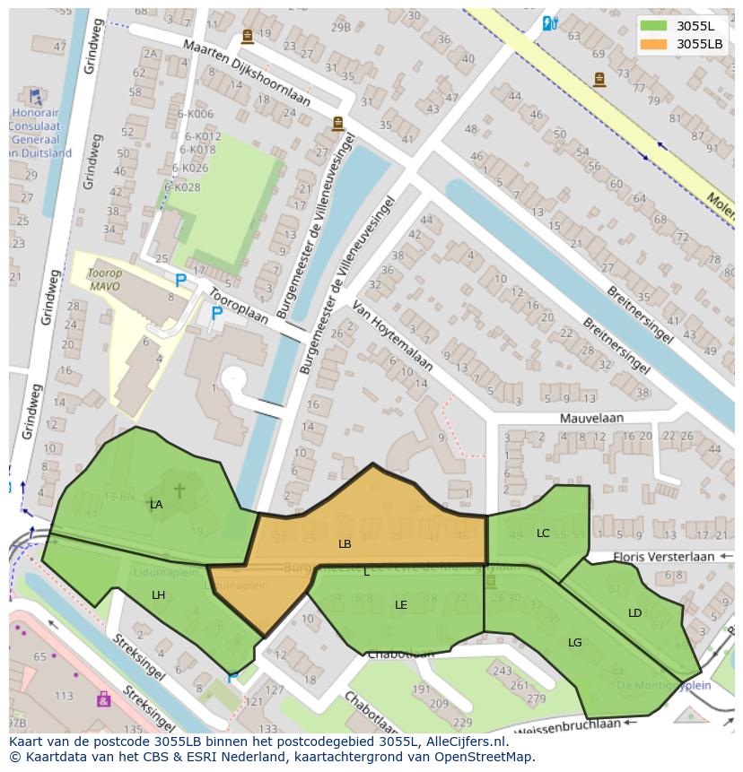Afbeelding van het postcodegebied 3055 LB op de kaart.
