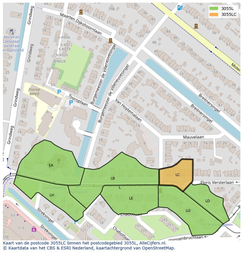Afbeelding van het postcodegebied 3055 LC op de kaart.