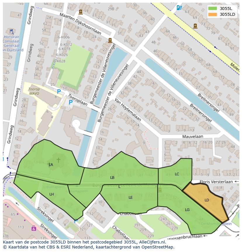 Afbeelding van het postcodegebied 3055 LD op de kaart.