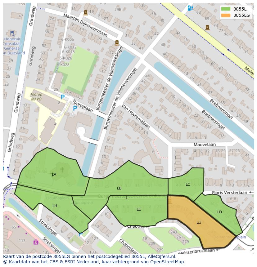 Afbeelding van het postcodegebied 3055 LG op de kaart.