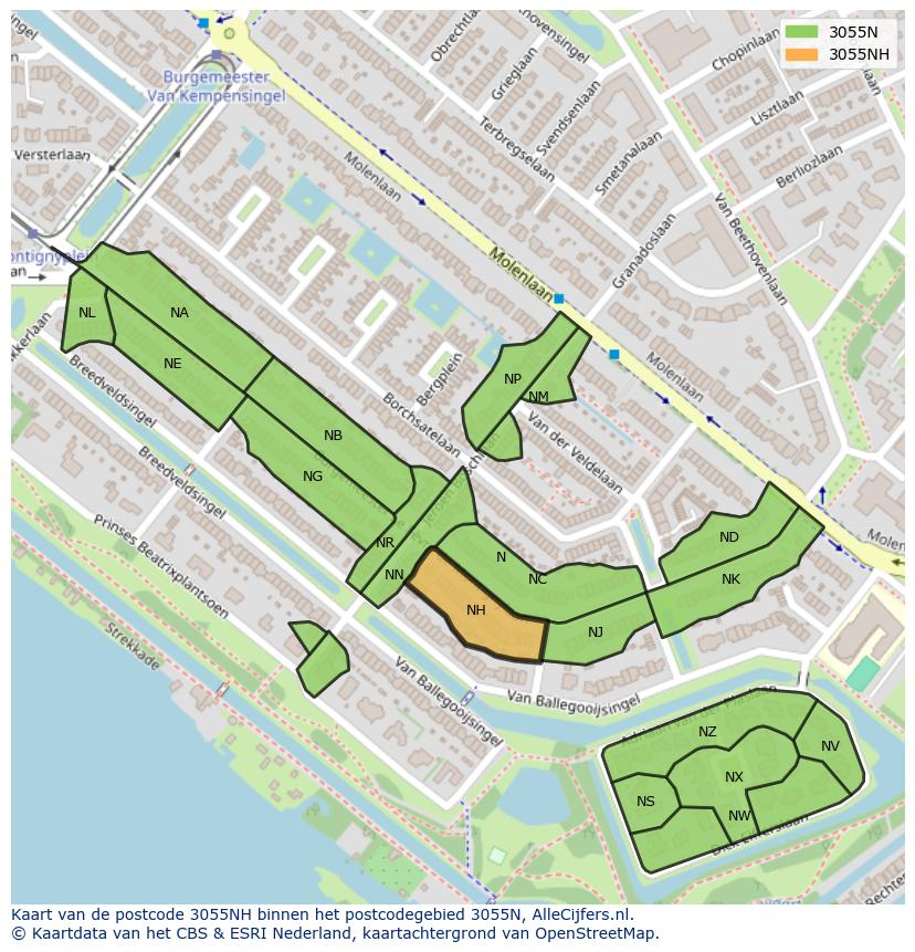 Afbeelding van het postcodegebied 3055 NH op de kaart.