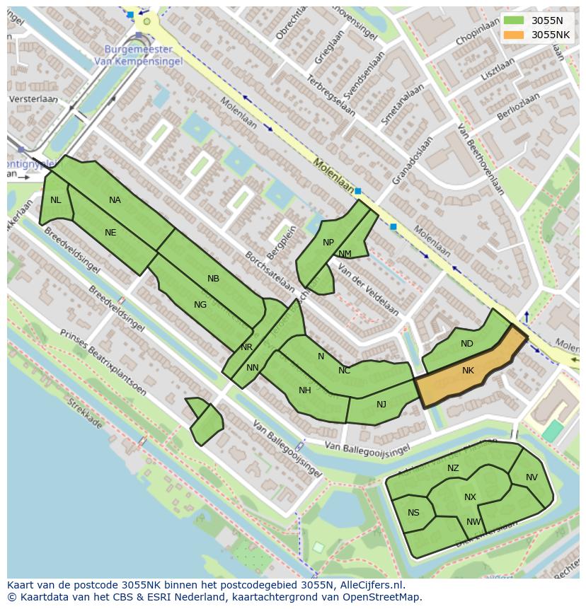 Afbeelding van het postcodegebied 3055 NK op de kaart.