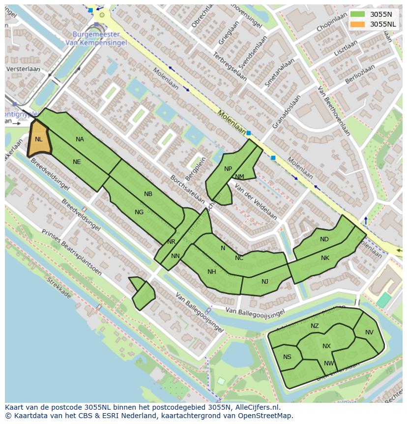 Afbeelding van het postcodegebied 3055 NL op de kaart.
