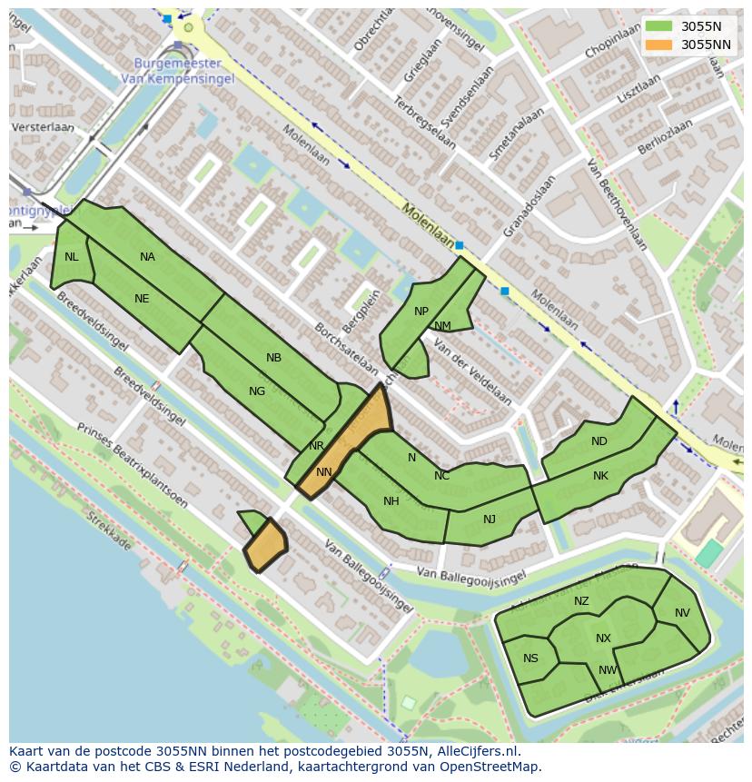 Afbeelding van het postcodegebied 3055 NN op de kaart.