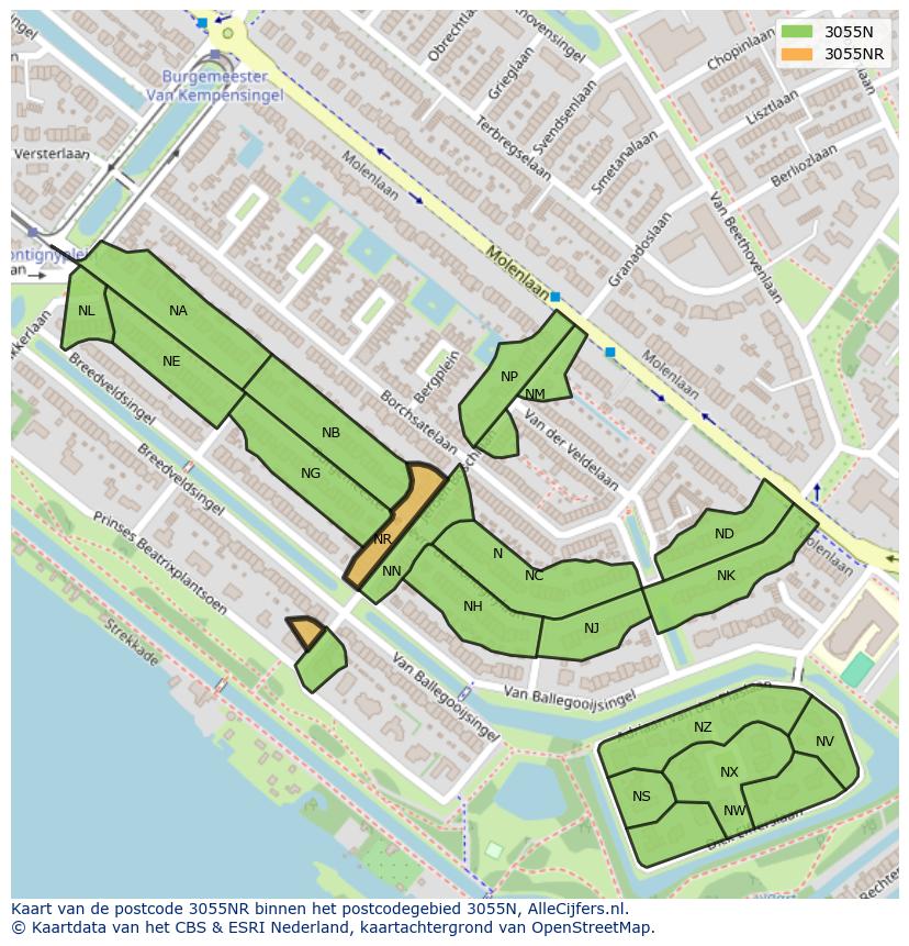 Afbeelding van het postcodegebied 3055 NR op de kaart.