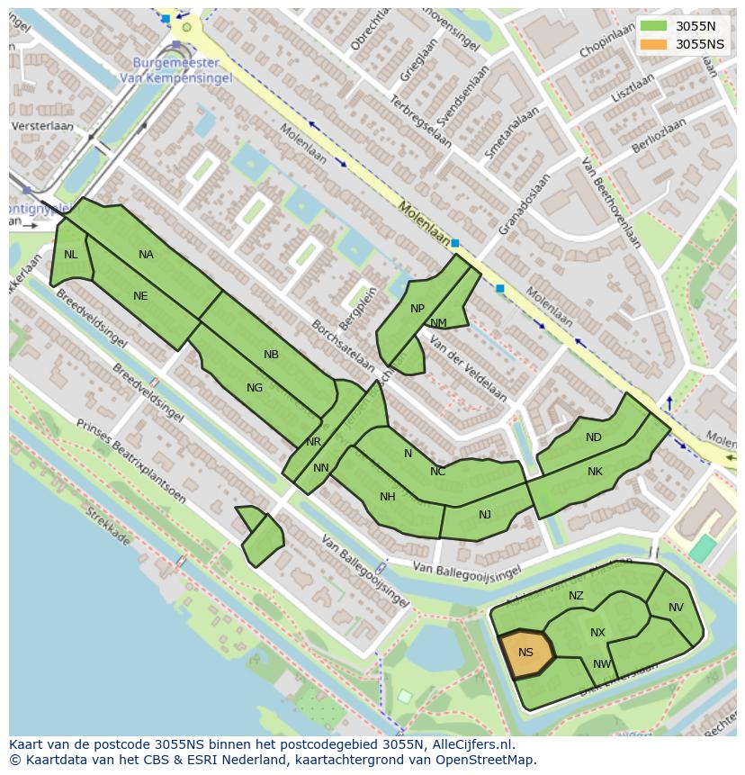Afbeelding van het postcodegebied 3055 NS op de kaart.