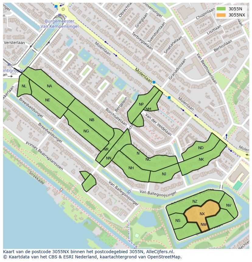 Afbeelding van het postcodegebied 3055 NX op de kaart.