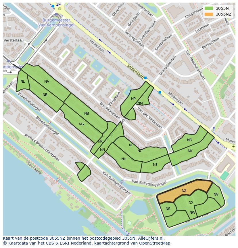 Afbeelding van het postcodegebied 3055 NZ op de kaart.