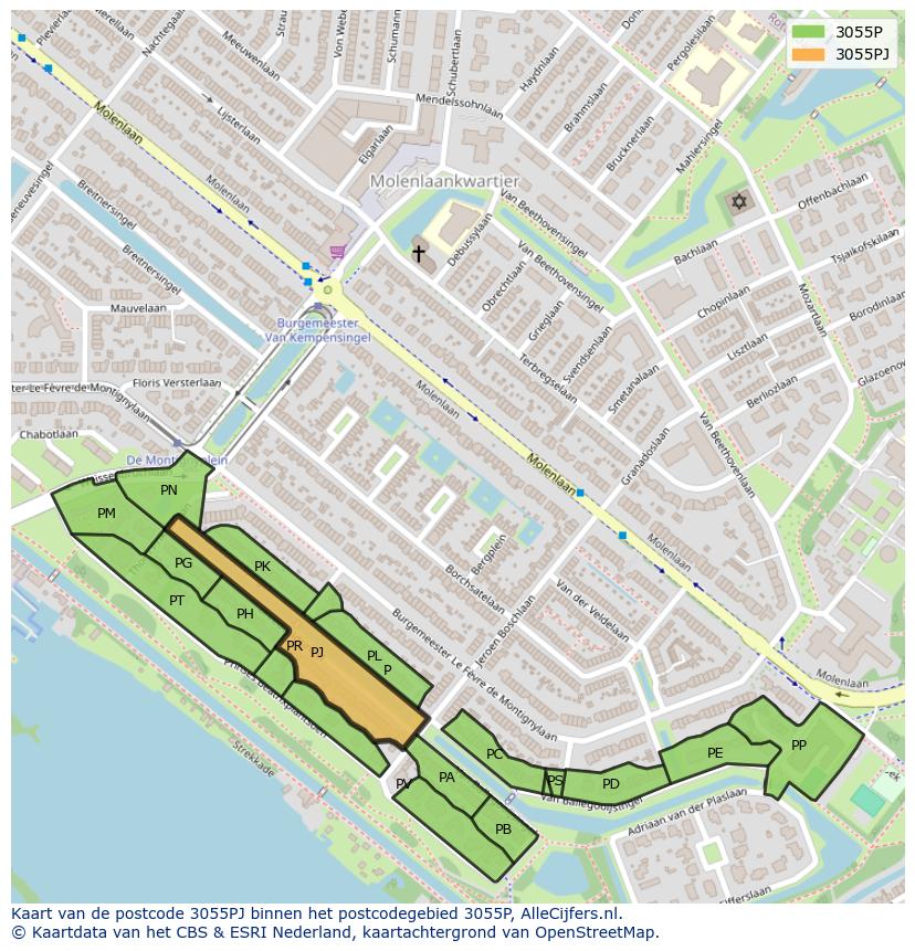 Afbeelding van het postcodegebied 3055 PJ op de kaart.