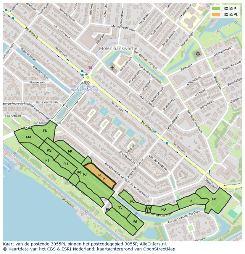 Afbeelding van het postcodegebied 3055 PL op de kaart.
