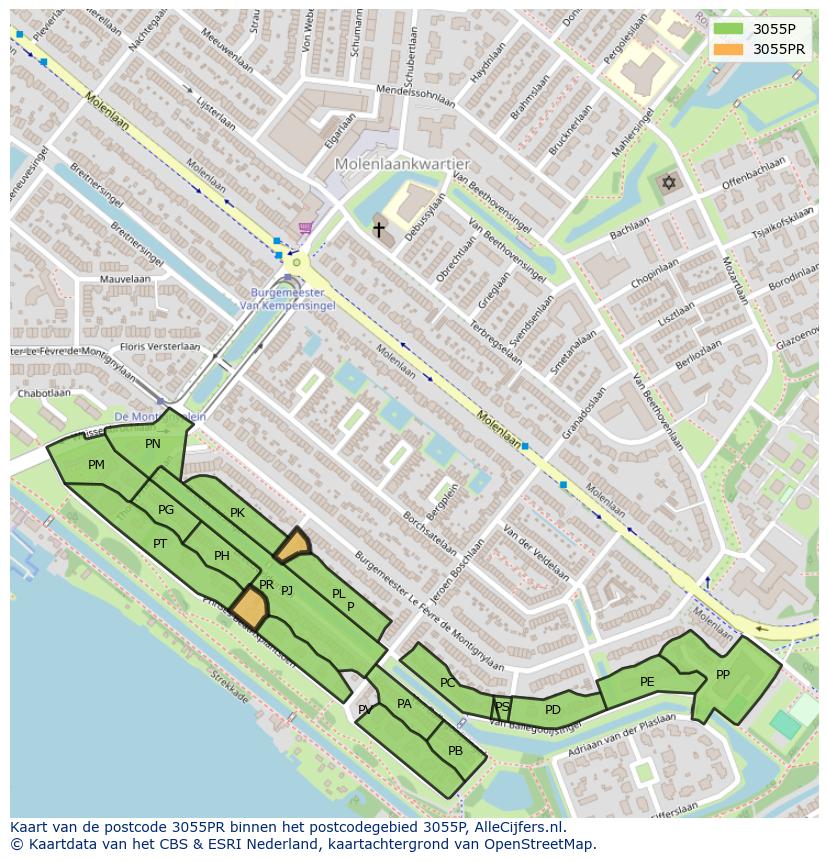 Afbeelding van het postcodegebied 3055 PR op de kaart.