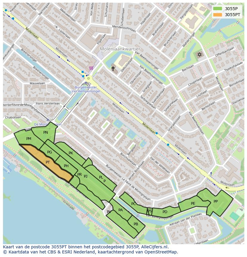 Afbeelding van het postcodegebied 3055 PT op de kaart.
