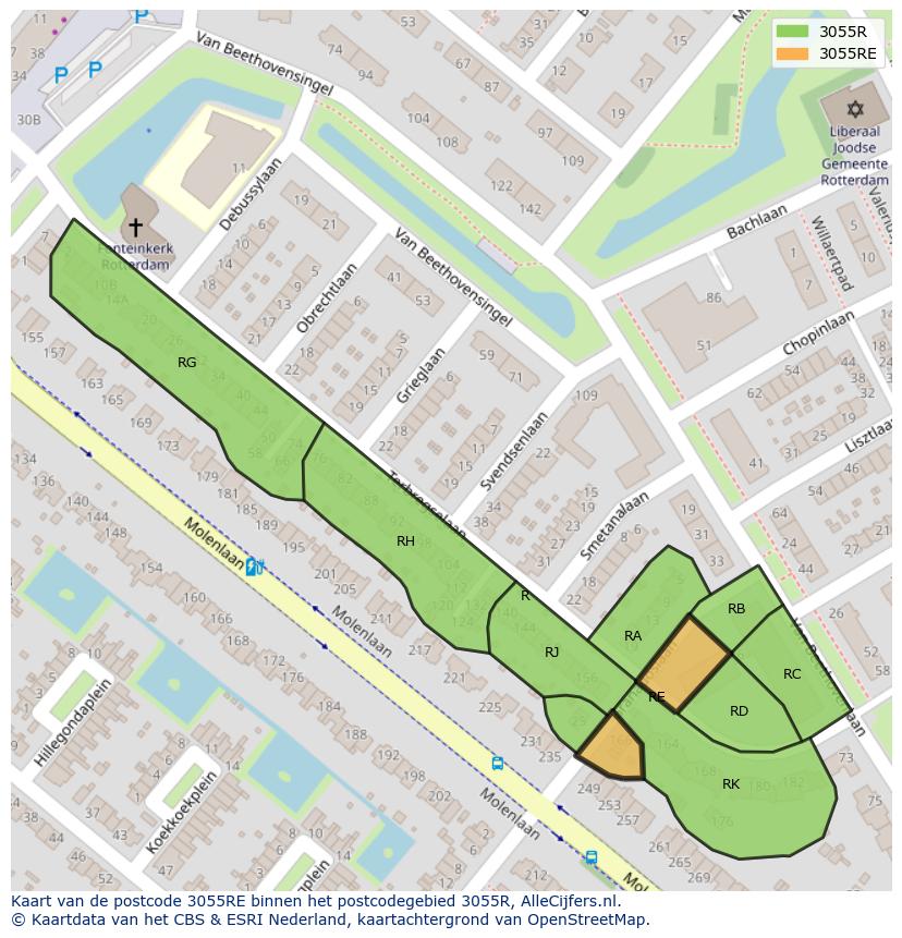 Afbeelding van het postcodegebied 3055 RE op de kaart.