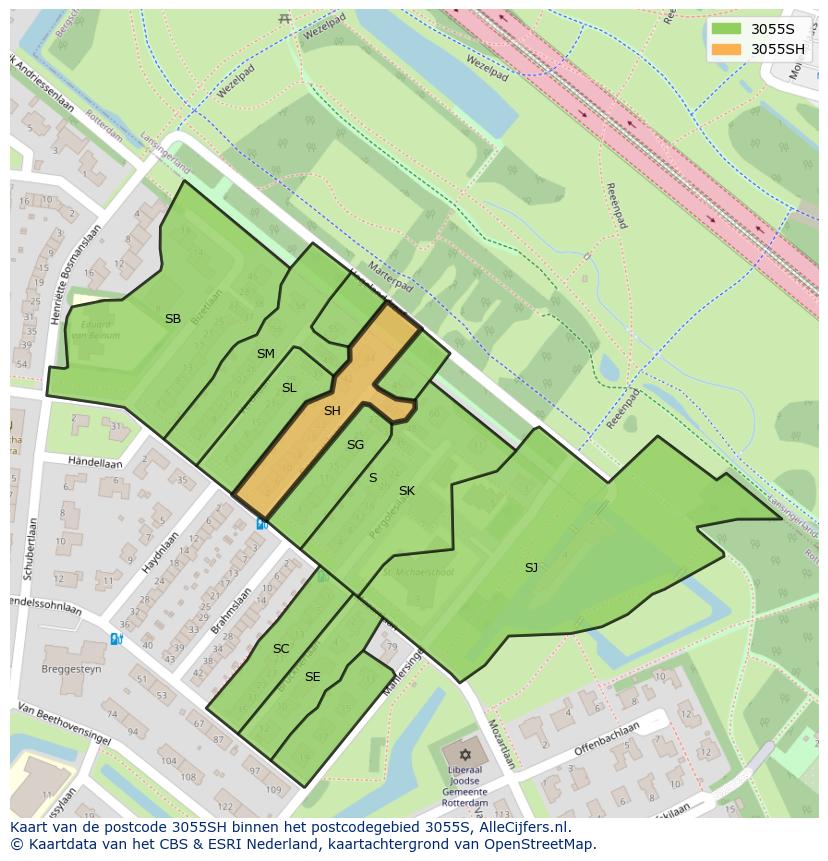 Afbeelding van het postcodegebied 3055 SH op de kaart.