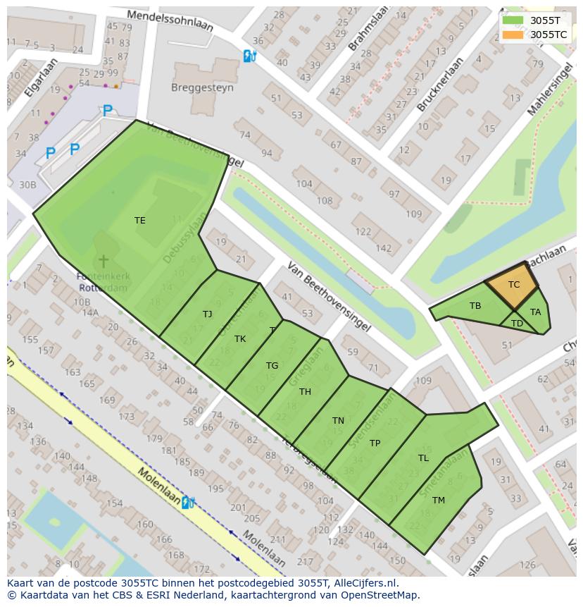 Afbeelding van het postcodegebied 3055 TC op de kaart.