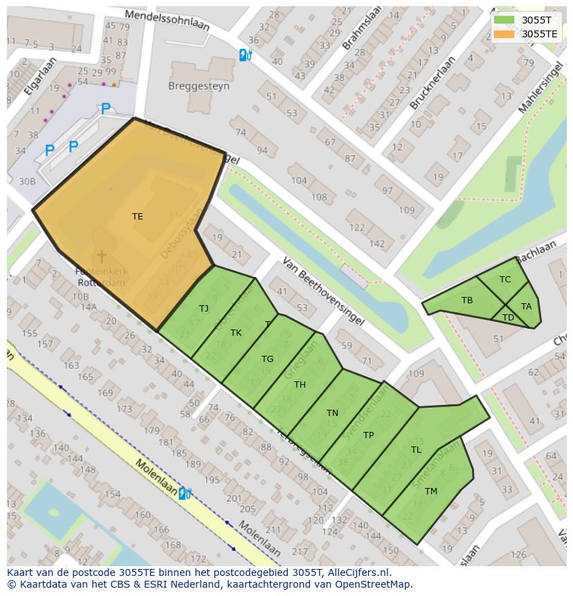 Afbeelding van het postcodegebied 3055 TE op de kaart.