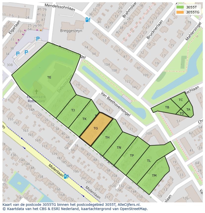 Afbeelding van het postcodegebied 3055 TG op de kaart.