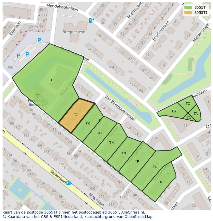 Afbeelding van het postcodegebied 3055 TJ op de kaart.