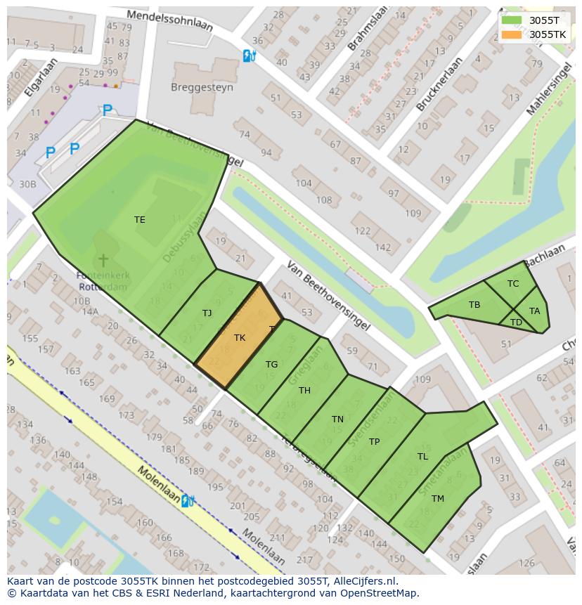 Afbeelding van het postcodegebied 3055 TK op de kaart.