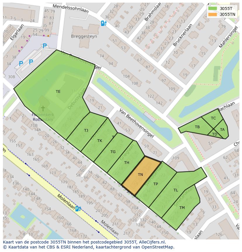 Afbeelding van het postcodegebied 3055 TN op de kaart.