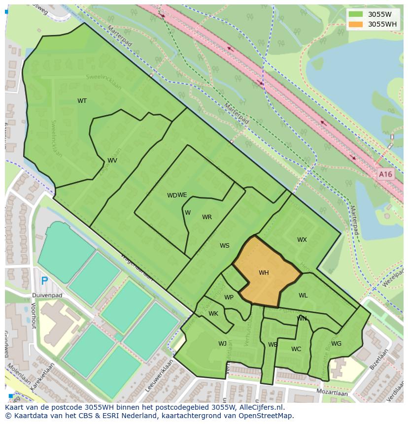 Afbeelding van het postcodegebied 3055 WH op de kaart.