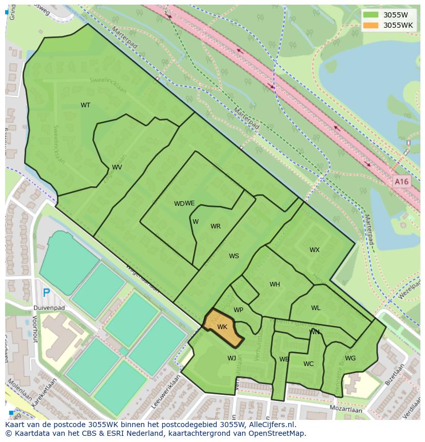 Afbeelding van het postcodegebied 3055 WK op de kaart.