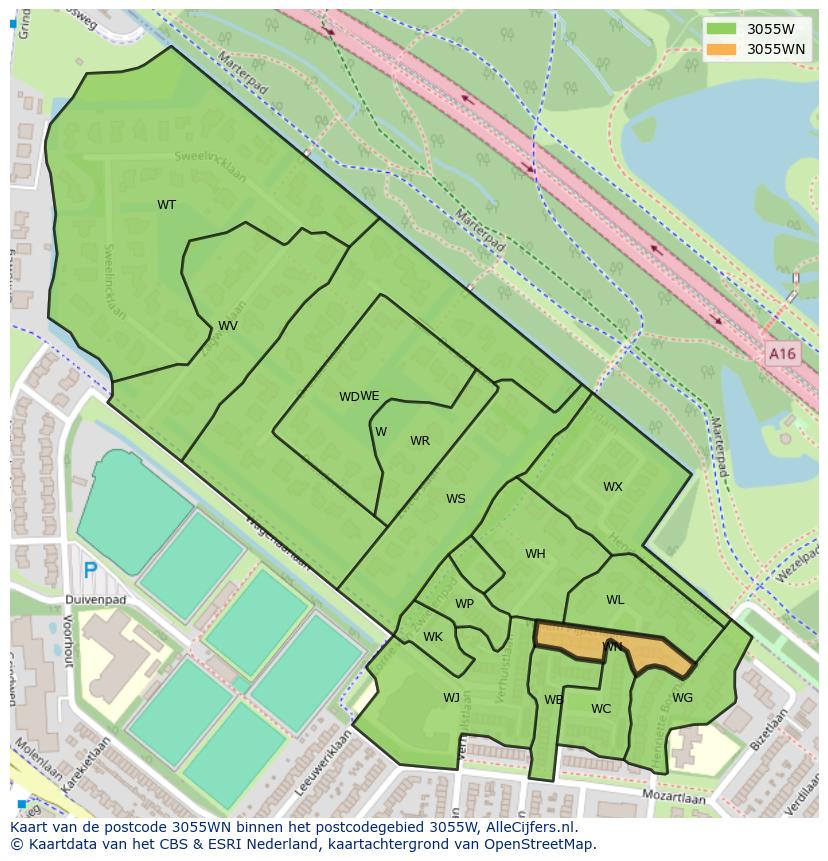 Afbeelding van het postcodegebied 3055 WN op de kaart.