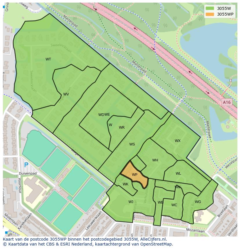 Afbeelding van het postcodegebied 3055 WP op de kaart.