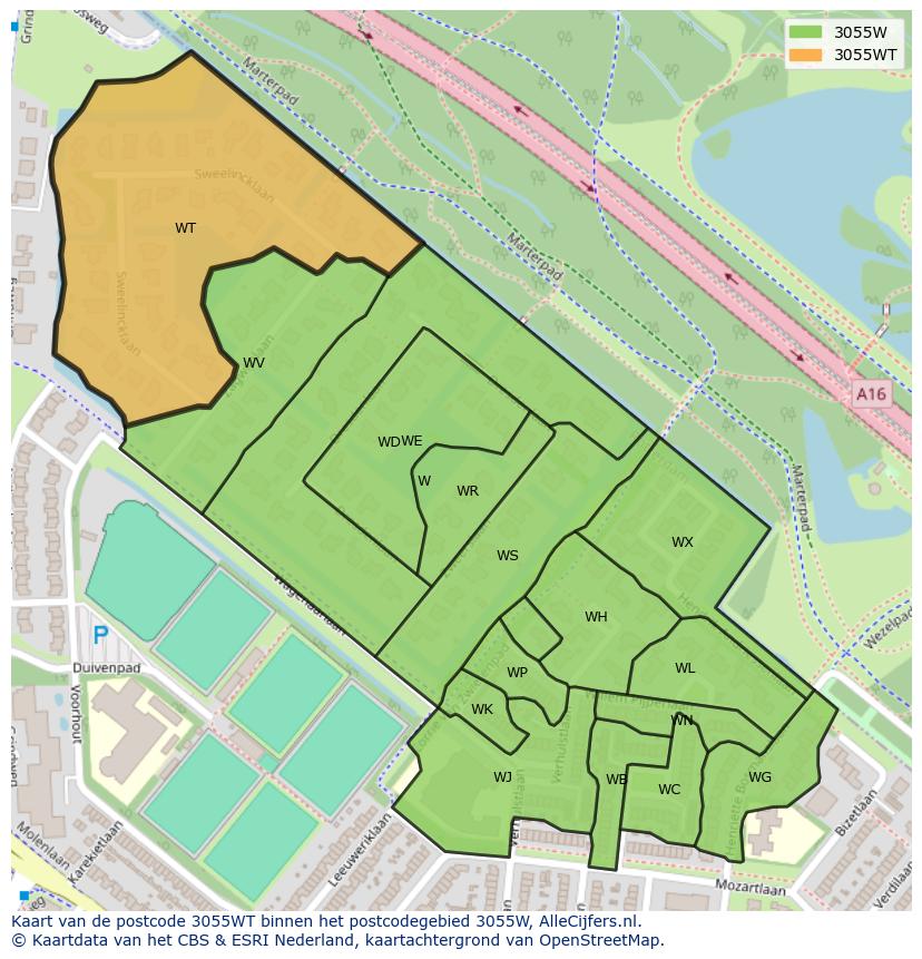Afbeelding van het postcodegebied 3055 WT op de kaart.
