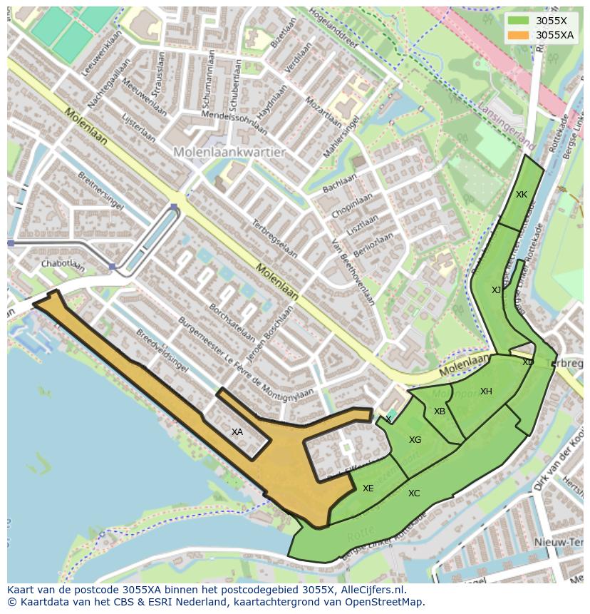 Afbeelding van het postcodegebied 3055 XA op de kaart.