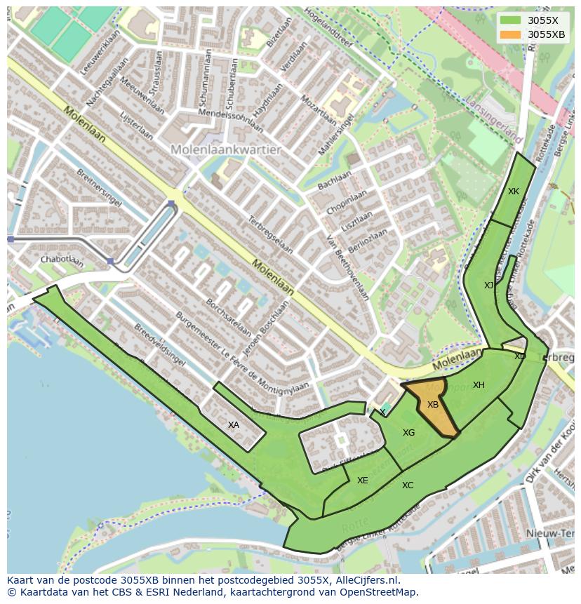 Afbeelding van het postcodegebied 3055 XB op de kaart.