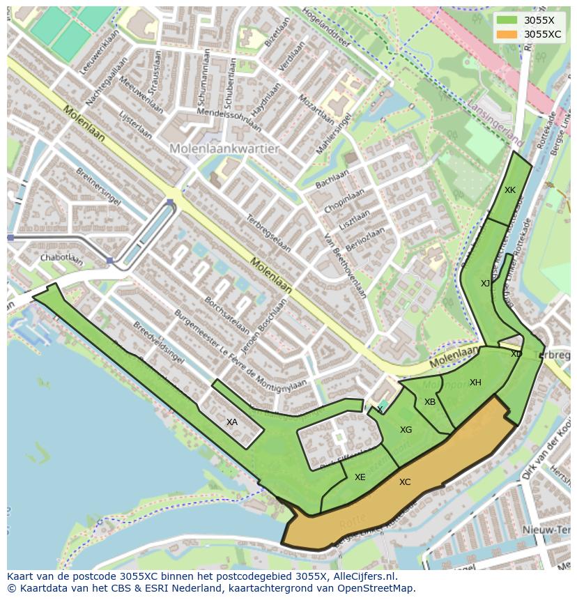 Afbeelding van het postcodegebied 3055 XC op de kaart.