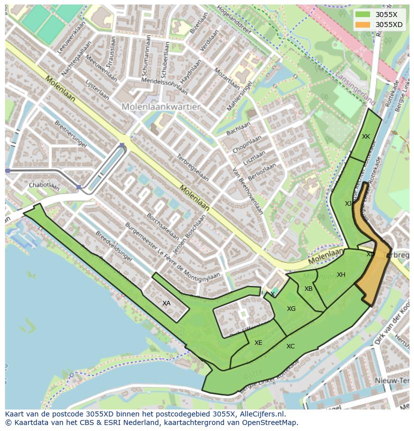 Afbeelding van het postcodegebied 3055 XD op de kaart.