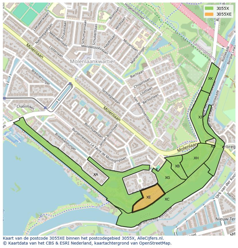 Afbeelding van het postcodegebied 3055 XE op de kaart.