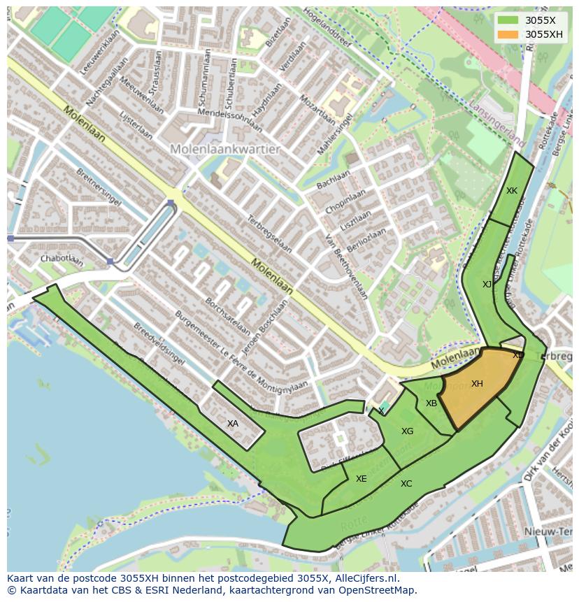 Afbeelding van het postcodegebied 3055 XH op de kaart.
