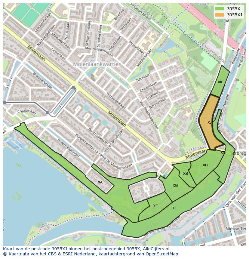 Afbeelding van het postcodegebied 3055 XJ op de kaart.
