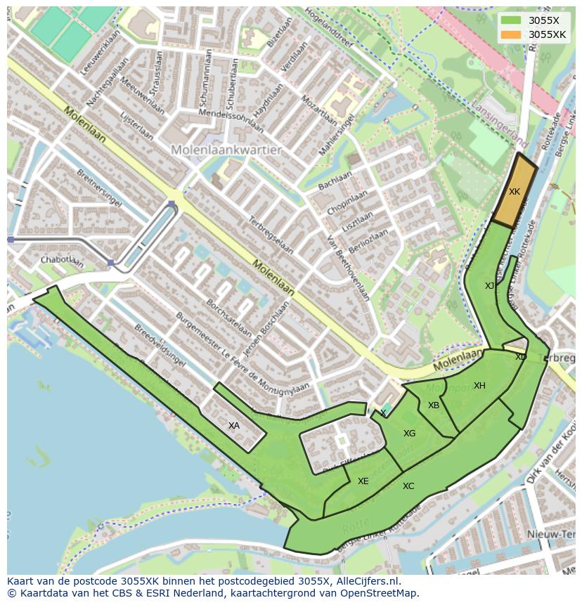 Afbeelding van het postcodegebied 3055 XK op de kaart.