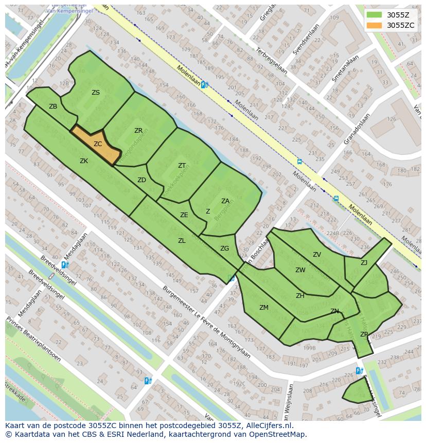 Afbeelding van het postcodegebied 3055 ZC op de kaart.