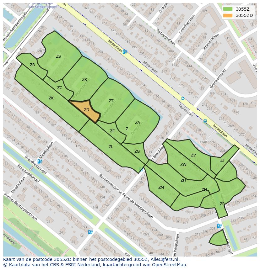 Afbeelding van het postcodegebied 3055 ZD op de kaart.