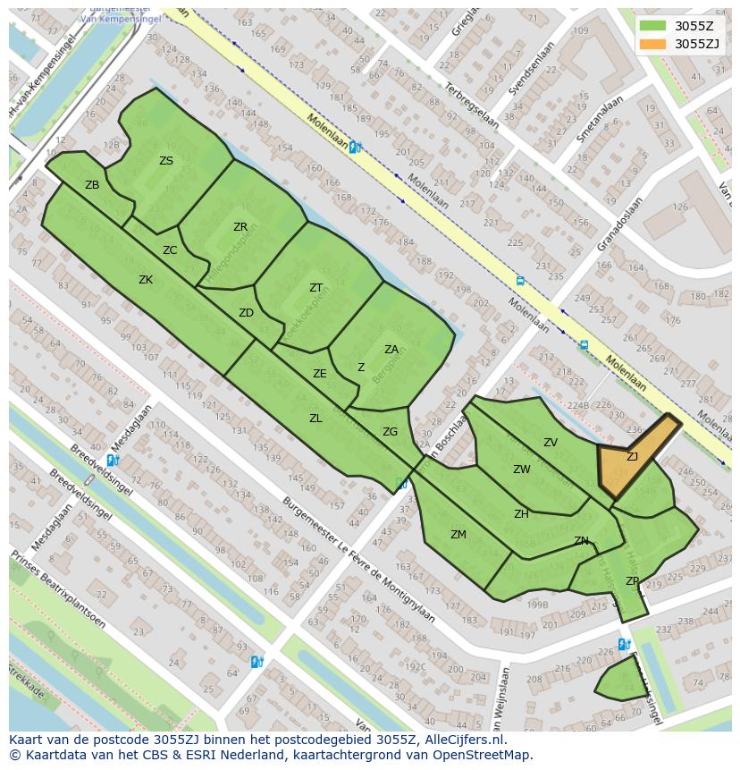 Afbeelding van het postcodegebied 3055 ZJ op de kaart.