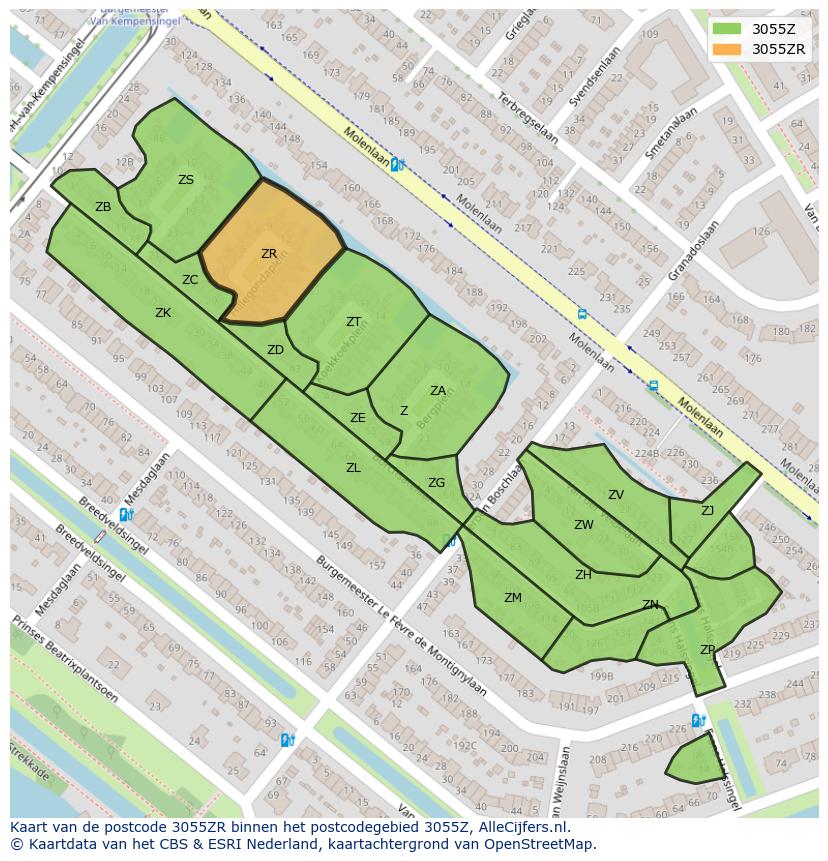 Afbeelding van het postcodegebied 3055 ZR op de kaart.