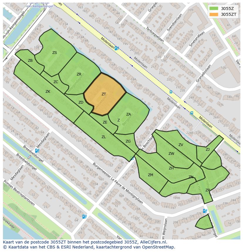 Afbeelding van het postcodegebied 3055 ZT op de kaart.