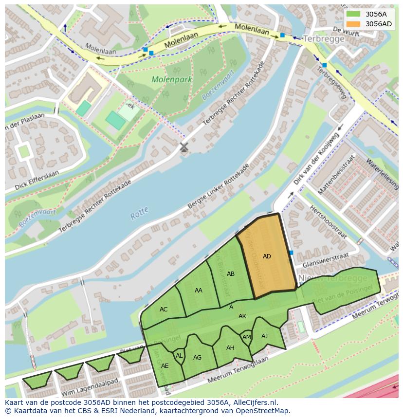 Afbeelding van het postcodegebied 3056 AD op de kaart.