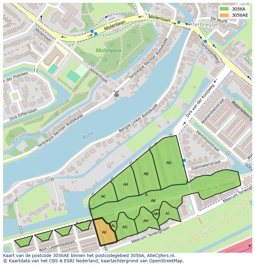 Afbeelding van het postcodegebied 3056 AE op de kaart.